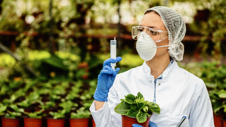 Scientist performing environmental testing on air, water, and soil samples in a modern UAE laboratory