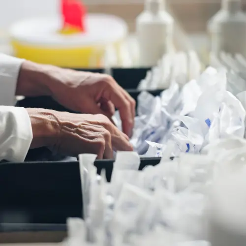 Worker organizing disposable paper products in a medical supply facility
