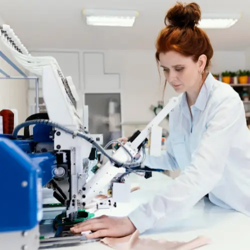 Female technician working with automated sewing machine to test fabric quality in a laboratory.