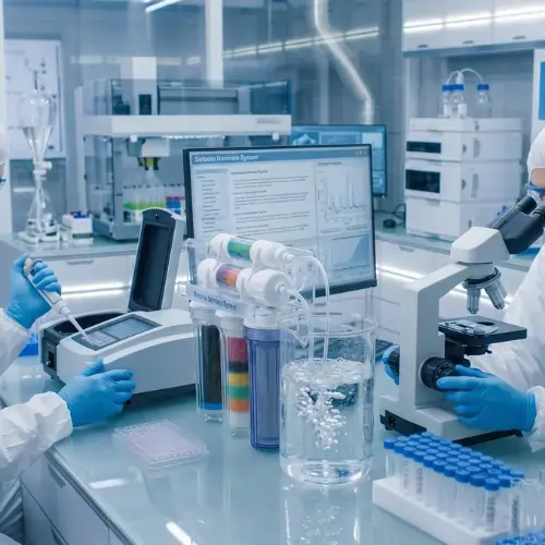 Commercial water purification system being tested in a laboratory with filtration cartridges, water samples, and scientific equipment.