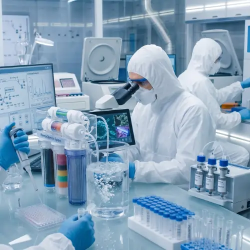 Scientists testing a commercial water purification system and analyzing water samples in a modern laboratory.