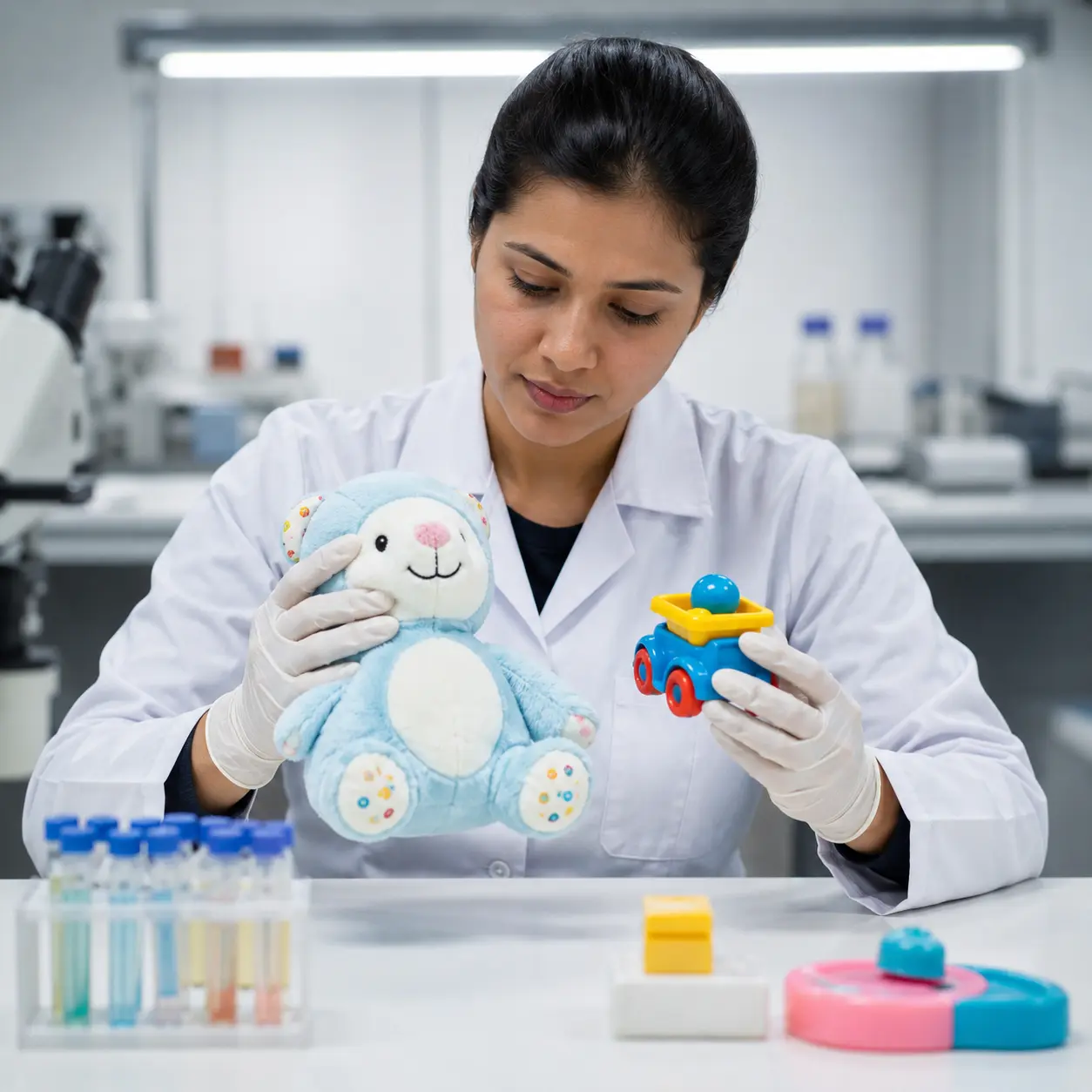 Lab technician inspecting plush and plastic toys during safety testing in a laboratory
