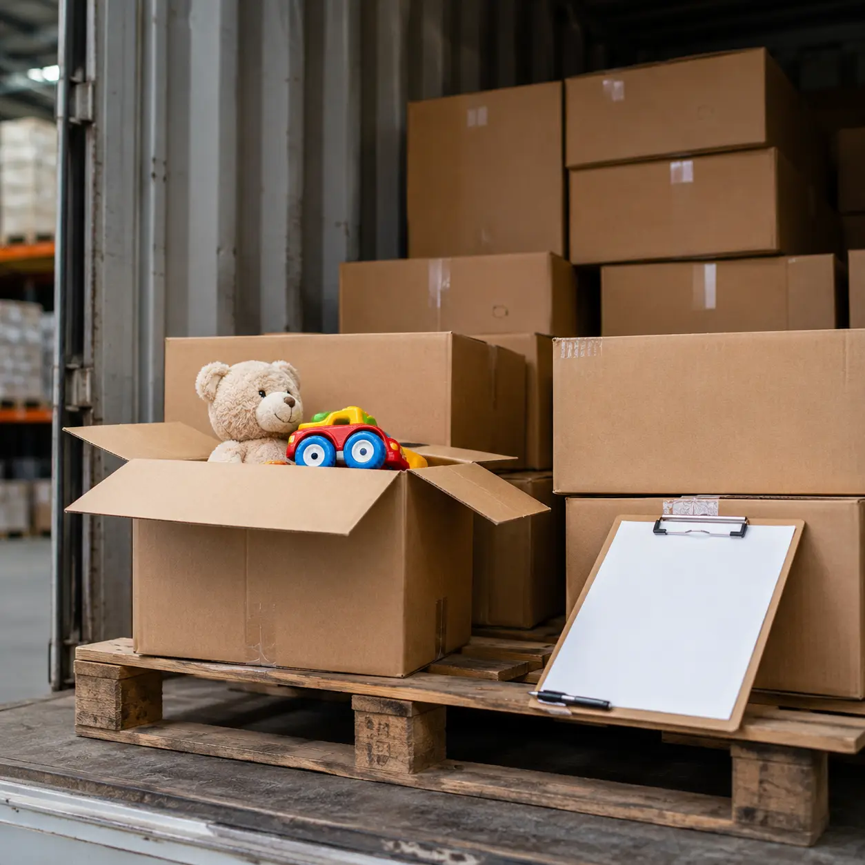 Stacked shipping boxes with toys in a warehouse pending toy safety testing clearance