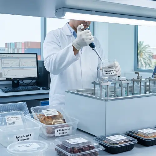 Researcher preparing acidic food simulant for migration testing in food packaging