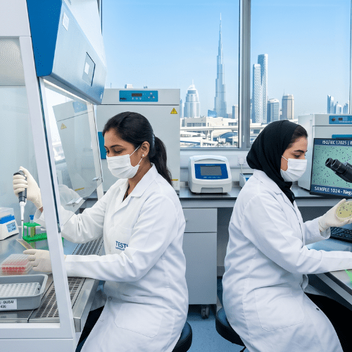 Female microbiologists performing strict microbiological HACCP testing in Dubai for E. coli and Salmonella screening inside an accredited laboratory.