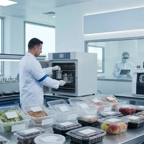 Scientist working in a modern laboratory environment conducting migration testing in food packaging