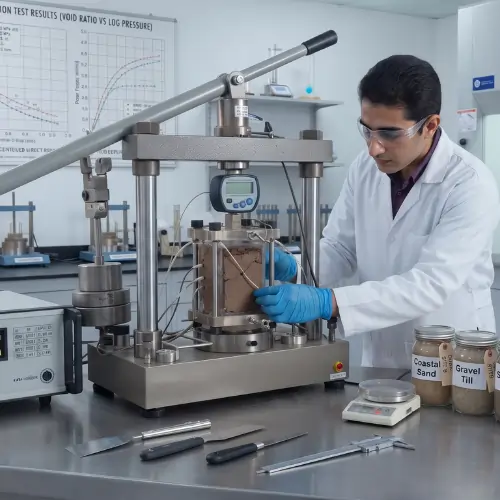 A geotechnical engineer in a white lab coat using specialized equipment for soil testing for construction on a sample in a laboratory.