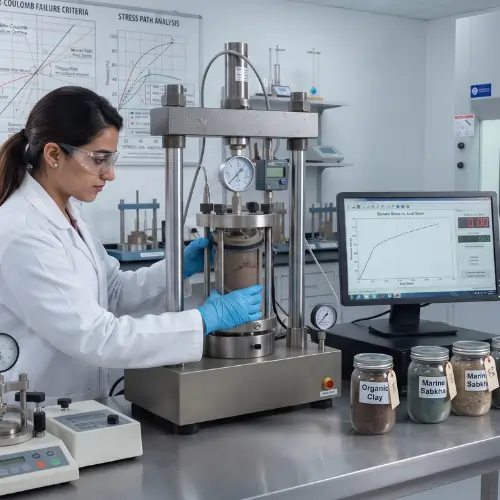 A scientist analyzing data from a triaxial compression test as part of a soil testing for construction process in a materials lab.