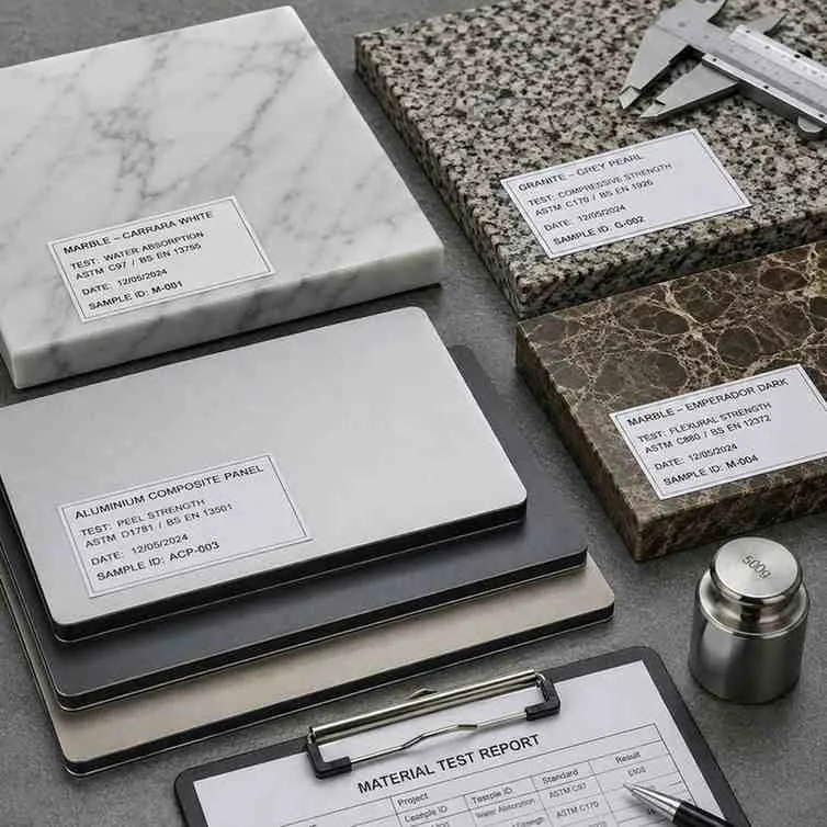 Marble, granite, and aluminium composite cladding samples arranged on a laboratory testing table with sample labels and testing equipment.