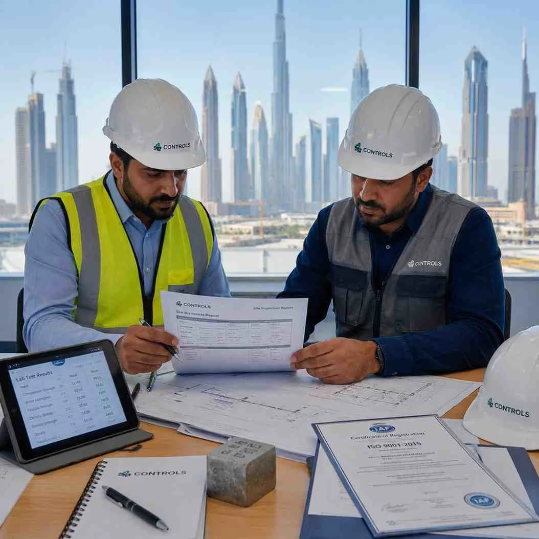 Construction professionals reviewing inspection documents, blueprints, and laboratory test results at a worktable with the Dubai skyline visible through large windows.
