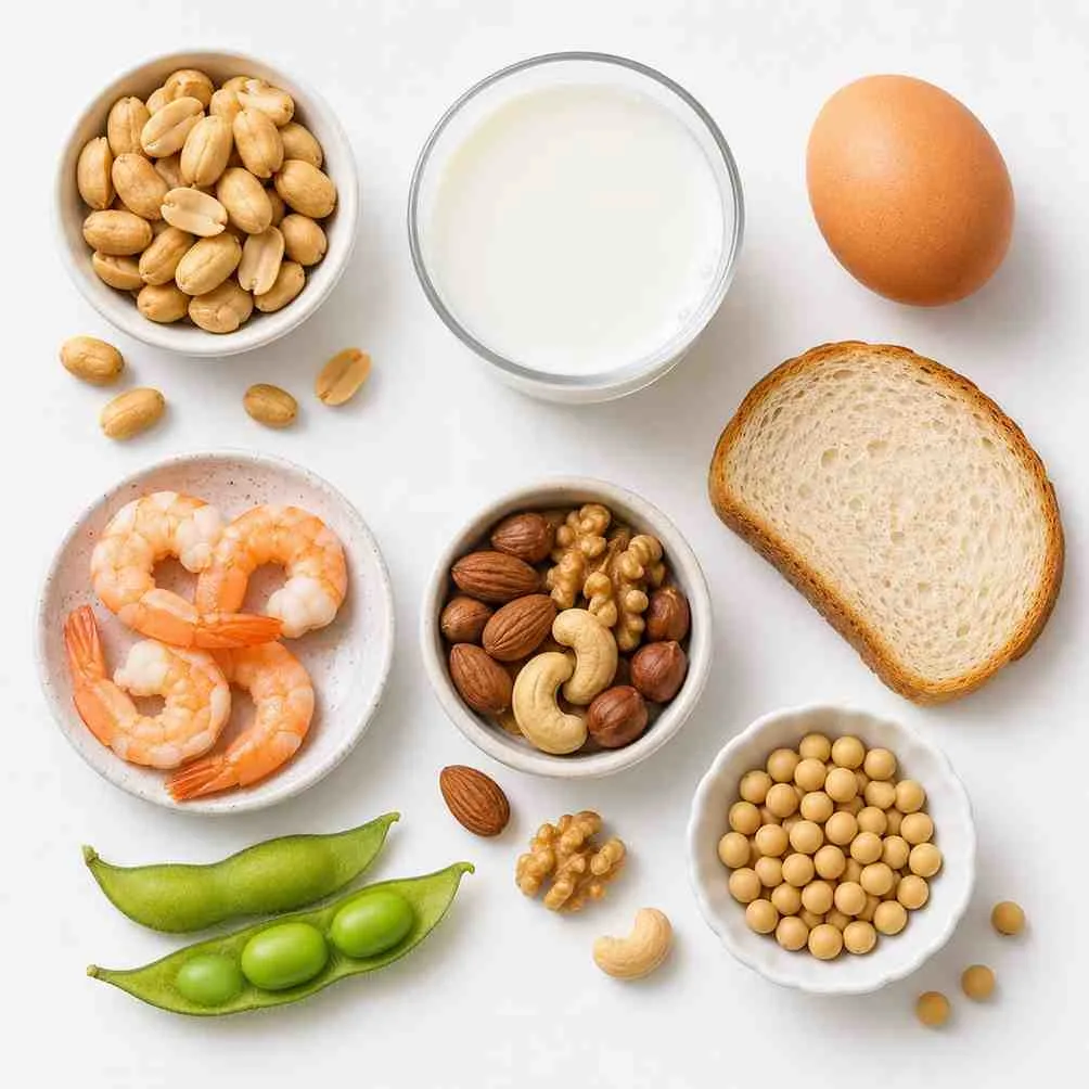 Common food allergens including peanuts, milk, eggs, tree nuts, shellfish, wheat, and soy used in allergen food testing