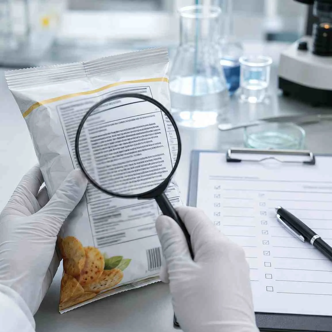 Quality inspector checking food packaging label against allergen test results for compliance