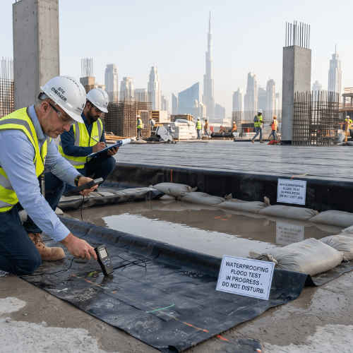 Engineers performing waterproofing testing using a flood test setup and handheld moisture meter on a high-rise construction site in Dubai.