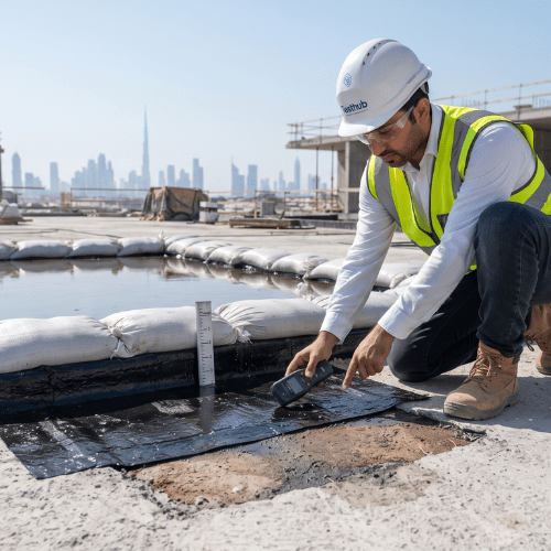 A site engineer performing waterproofing testing with a moisture meter next to a flood test barrier on a building rooftop.