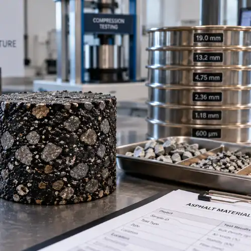 Asphalt testing laboratory with a freshly extracted asphalt core, graded aggregate, sieve analysis equipment, and a material test report.