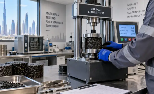 Technician operating a Marshall stability machine for asphalt testing on a compacted asphalt sample in a modern Dubai materials laboratory.