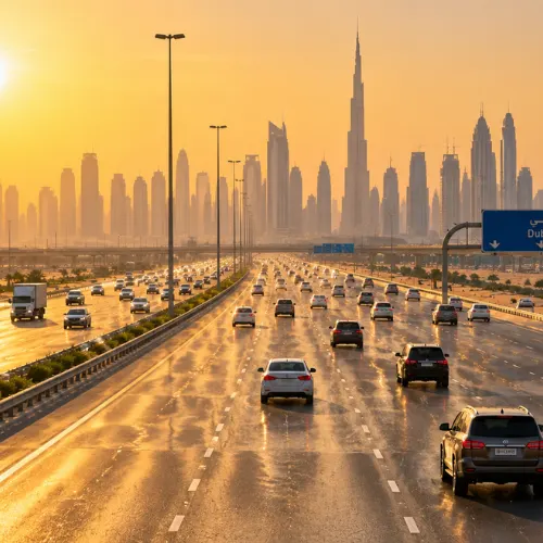 Busy UAE highway under intense sunlight illustrating the climate conditions considered in asphalt testing and road durability assessment.