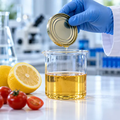 Beaker of oil-based food simulant next to a silicone mold and plastic container for migration testing