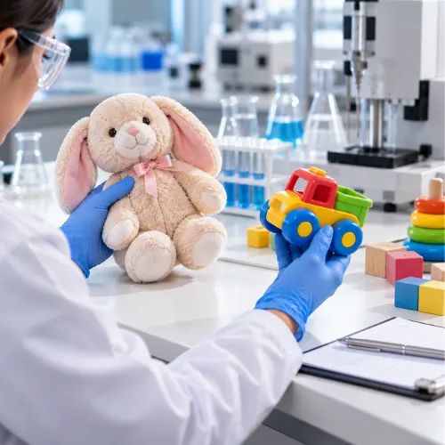 Lab technician testing plush and painted toys for children's toy safety under GSO EN 71