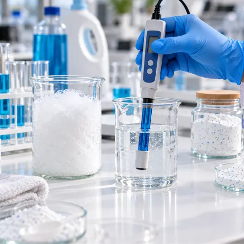 pH and foam checks during laundry detergent testing in a laboratory