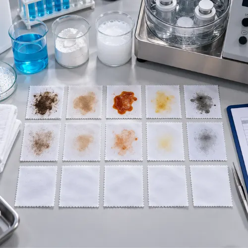 Stained fabric swatches used in laundry detergent testing to measure cleaning efficiency